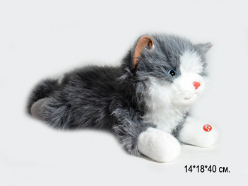 им Кошка арт. 209093 Пушистая серая с белым лежит мяукает 40 см в пак.