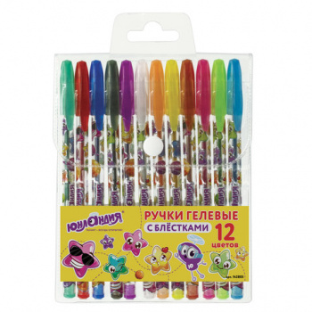 кс_Ручки гелевые арт.142805 ЮНЛАНДИЯ, НАБОР 12 шт,АССОРТИ БЛЕСТКИ,корпус с печатью,0,7мм,линия 0,5мм